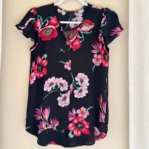 Ann Taylor Black Blouse with Pink Floral Design
